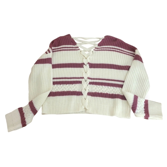 Rosie Harlow Creamy White & Mauve Stripe Laced Up Ribbon Back Sweater L NWOT - Picture 3 of 7